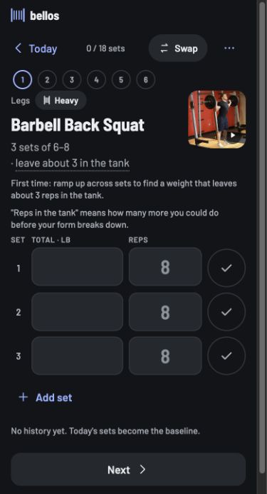 bellos workout view with barbell back squat guidance and fields for logging weight and repetitions across three sets.