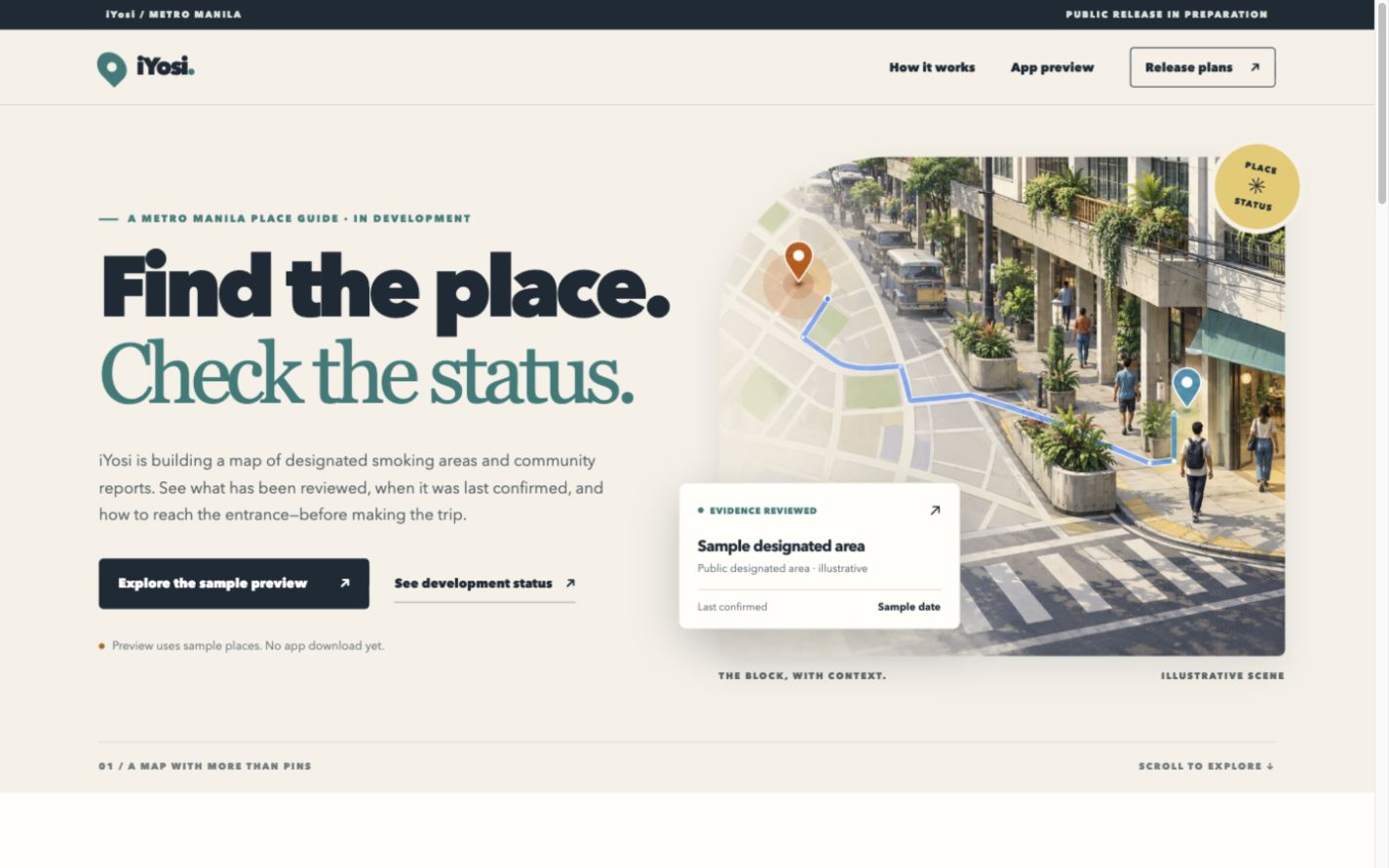 iYosi’s archived landing design: Find the place. Check the status, with an illustrative Metro Manila neighborhood and sample evidence card.