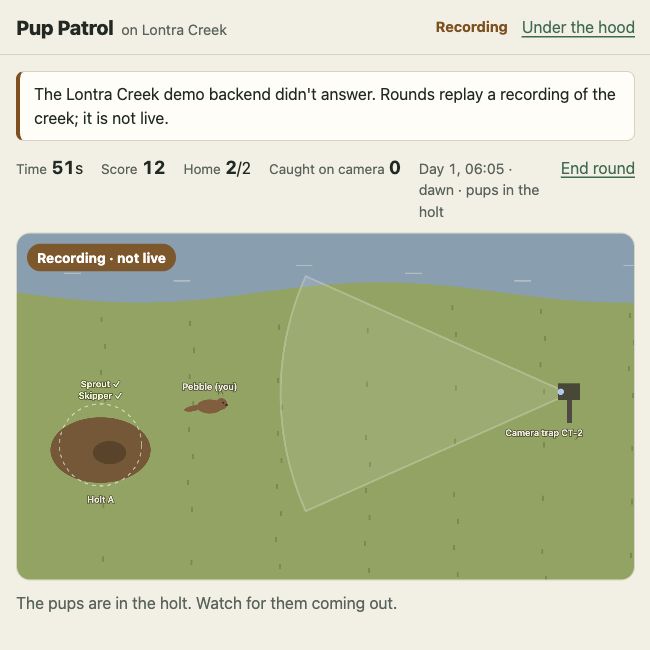 Pup Patrol on Lontra Creek, a local game preview showing the otter field and camera trap in labeled recording mode.