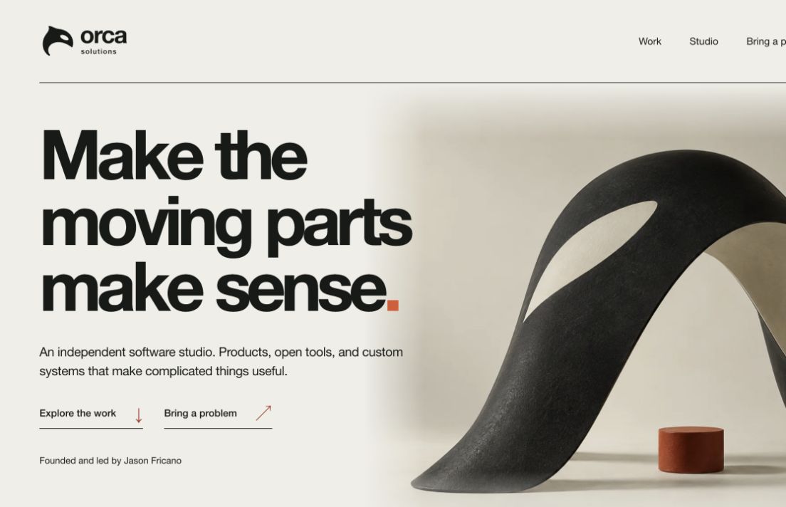 Orca Solutions’ studio website, with the Signal identity and sculptural hero artwork.