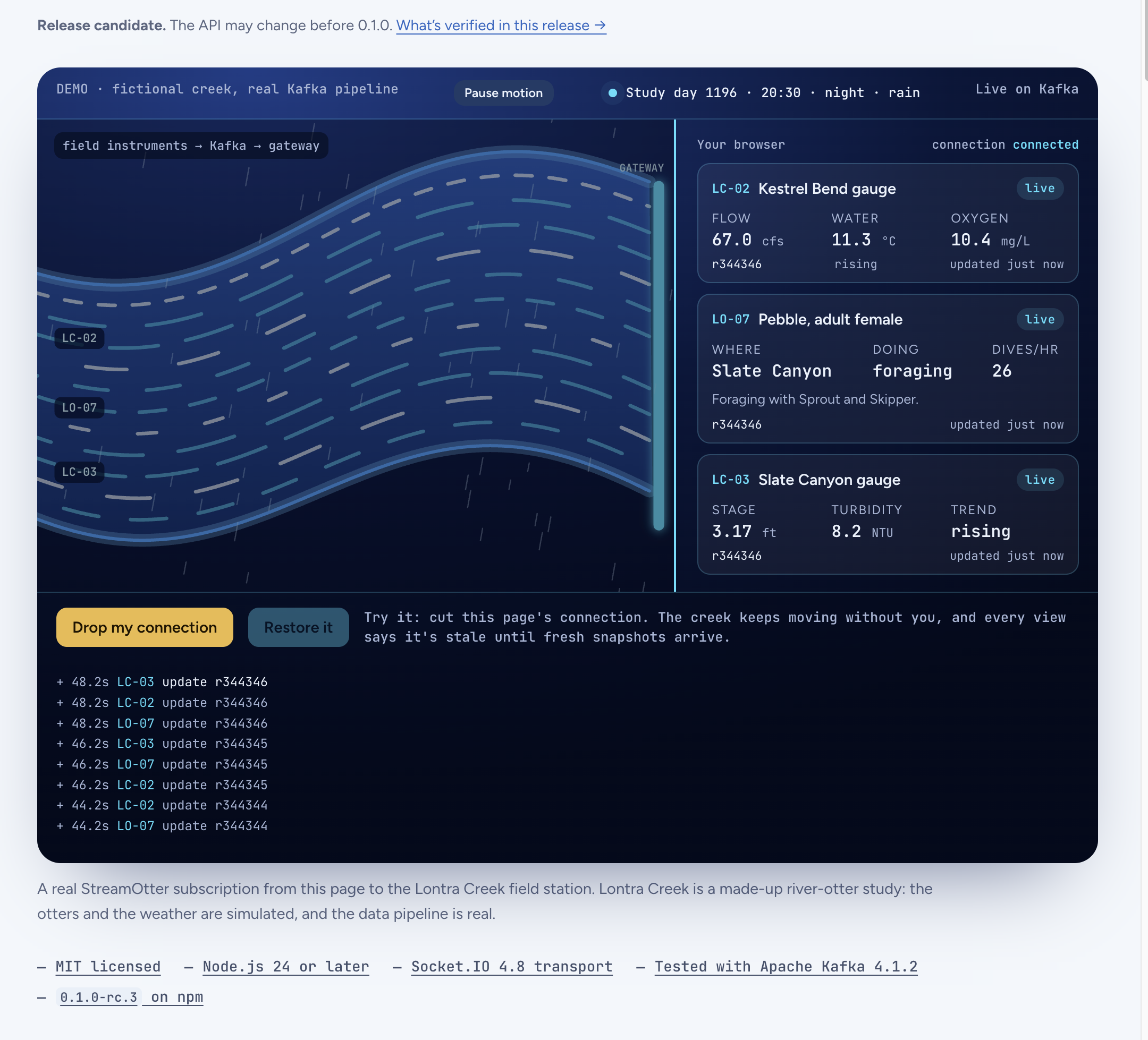 StreamOtter’s flowing-stream visualization with live field readings, surrounded by the homepage’s light margin.